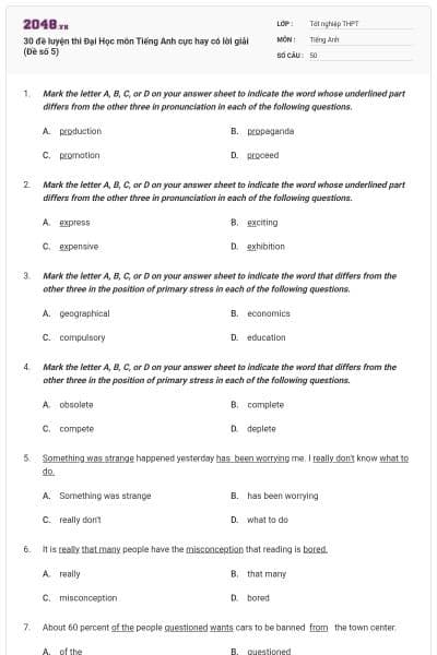 30 đề luyện thi Đại Học môn Tiếng Anh cực hay có lời giải (Đề số 5)