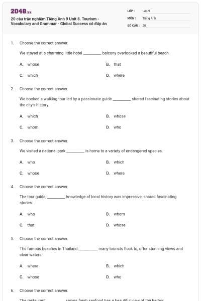 20 câu trắc nghiệm Tiếng Anh 9 Unit 8. Tourism - Vocabulary and Grammar - Global Success có đáp án