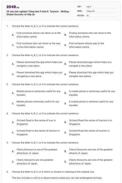 20 câu trắc nghiệm Tiếng Anh 9 Unit 8. Tourism - Writing - Global Success có đáp án