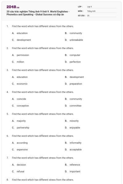 20 câu trắc nghiệm Tiếng Anh 9 Unit 9. World Englishes - Phonetics and Speaking - Global Success có đáp án