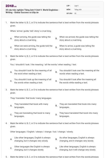 20 câu trắc nghiệm Tiếng Anh 9 Unit 9. World Englishes - Writing - Global Success có đáp án