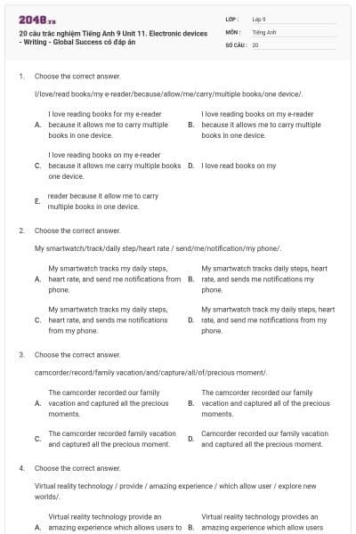 20 câu trắc nghiệm Tiếng Anh 9 Unit 11. Electronic devices - Writing - Global Success có đáp án