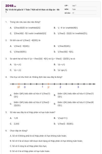 Bộ 10 đề thi giữa kì 1 Toán 7 Kết nối tri thức có đáp án - Đề 1