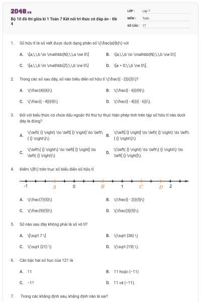 Bộ 10 đề thi giữa kì 1 Toán 7 Kết nối tri thức có đáp án - Đề 4