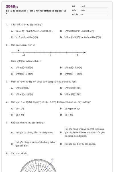 Bộ 10 đề thi giữa kì 1 Toán 7 Kết nối tri thức có đáp án - Đề 8