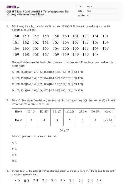 Giải SBT Toán 9 Cánh diều Bài 3. Tần số ghép nhóm. Tần số tương đối ghép nhóm có đáp án