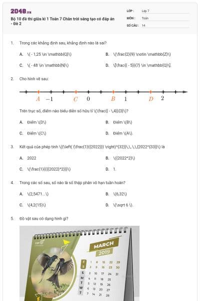 Bộ 10 đề thi giữa kì 1 Toán 7 Chân trời sáng tạo có đáp án - Đề 2