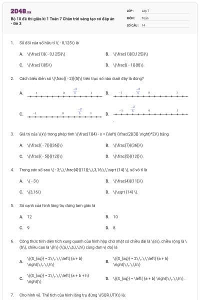 Bộ 10 đề thi giữa kì 1 Toán 7 Chân trời sáng tạo có đáp án - Đề 3