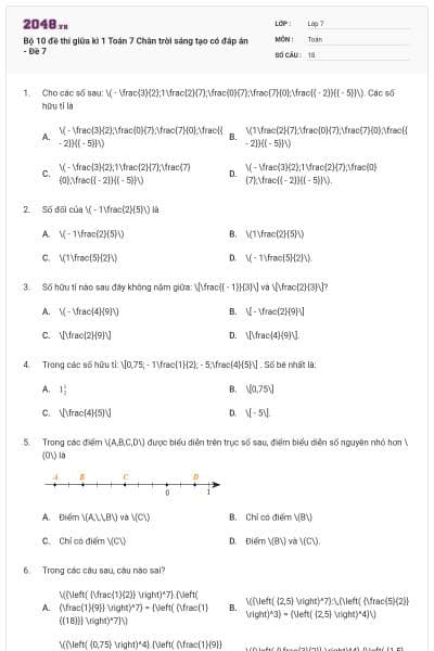 Bộ 10 đề thi giữa kì 1 Toán 7 Chân trời sáng tạo có đáp án - Đề 7