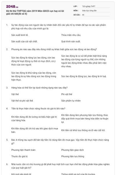 Đề thi thử THPTQG năm 2019 Môn GDCD cực hay có lời giải chi tiết(đề số 6)