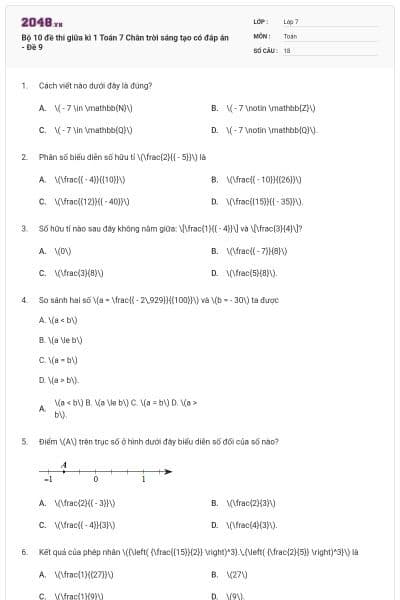 Bộ 10 đề thi giữa kì 1 Toán 7 Chân trời sáng tạo có đáp án - Đề 9