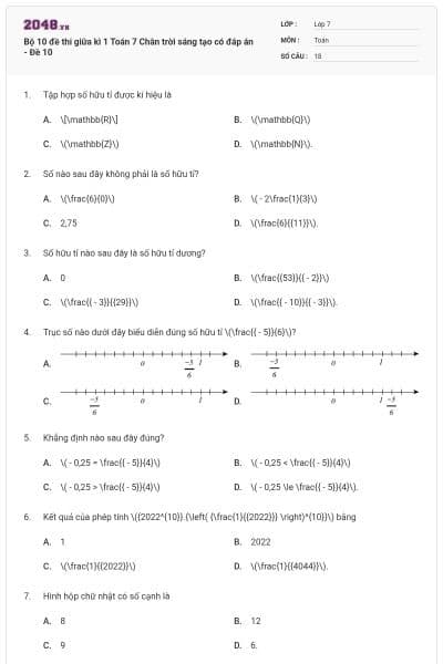 Bộ 10 đề thi giữa kì 1 Toán 7 Chân trời sáng tạo có đáp án - Đề 10