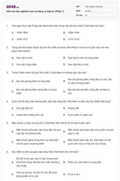 660 câu trắc nghiệm Lịch sử Đảng có đáp án (Phần 1)