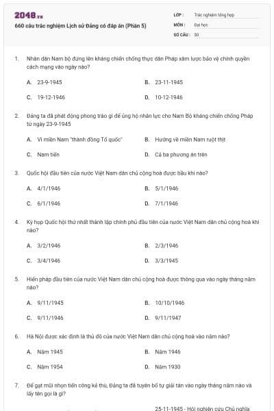 660 câu trắc nghiệm Lịch sử Đảng có đáp án (Phần 5)