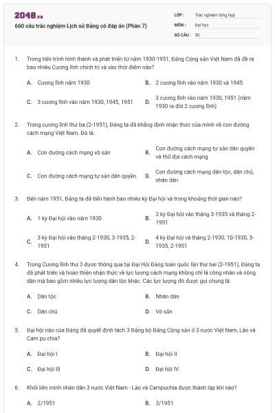 660 câu trắc nghiệm Lịch sử Đảng có đáp án (Phần 7)