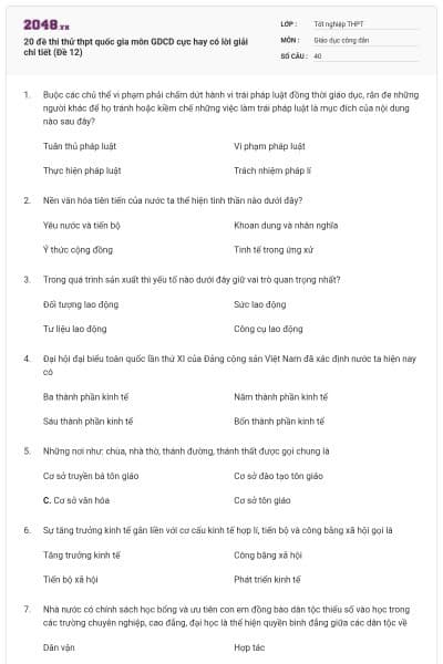 20 đề thi thử thpt quốc gia môn GDCD cực hay có lời giải chi tiết (Đề 12)