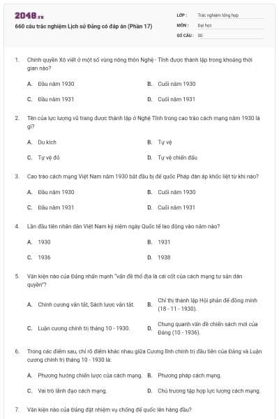 660 câu trắc nghiệm Lịch sử Đảng có đáp án (Phần 17)