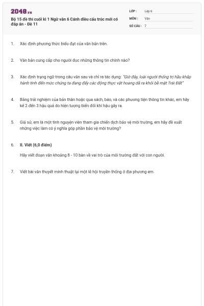 Bộ 15 đề thi cuối kì 1 Ngữ văn 6 Cánh diều cấu trúc mới có đáp án - Đề 11
