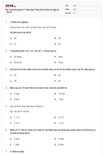Bộ 10 đề thi giữa kì 1 Toán lớp 2 Kết nối tri thức có đáp án - Đề 01