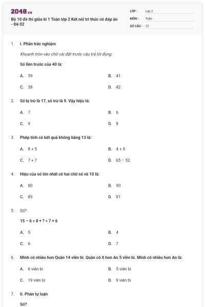 Bộ 10 đề thi giữa kì 1 Toán lớp 2 Kết nối tri thức có đáp án - Đề 02