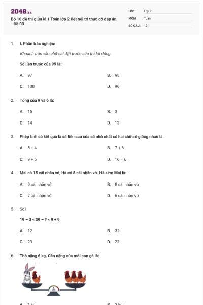 Bộ 10 đề thi giữa kì 1 Toán lớp 2 Kết nối tri thức có đáp án - Đề 03