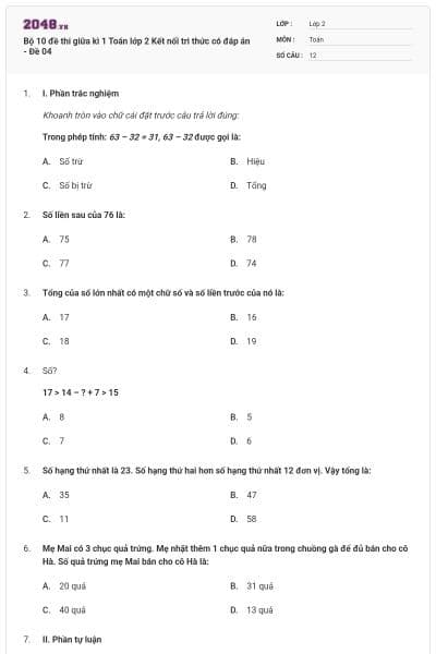 Bộ 10 đề thi giữa kì 1 Toán lớp 2 Kết nối tri thức có đáp án - Đề 04