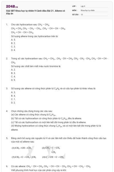 Giải SBT Khoa học tự nhiên 9 Cánh diều Bài 21. Alkene có đáp án