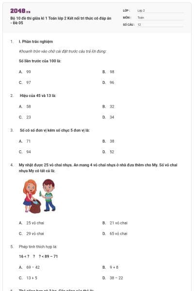 Bộ 10 đề thi giữa kì 1 Toán lớp 2 Kết nối tri thức có đáp án - Đề 05