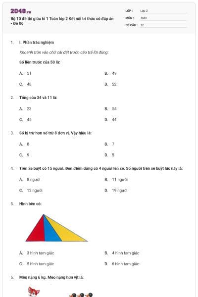 Bộ 10 đề thi giữa kì 1 Toán lớp 2 Kết nối tri thức có đáp án - Đề 06