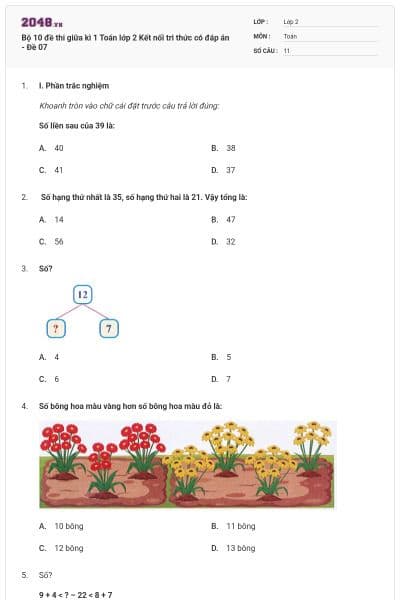 Bộ 10 đề thi giữa kì 1 Toán lớp 2 Kết nối tri thức có đáp án - Đề 07