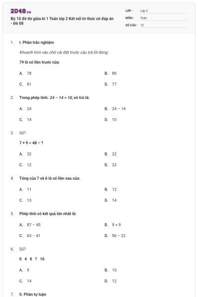 Bộ 10 đề thi giữa kì 1 Toán lớp 2 Kết nối tri thức có đáp án - Đề 08