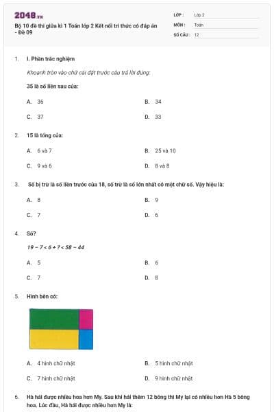 Bộ 10 đề thi giữa kì 1 Toán lớp 2 Kết nối tri thức có đáp án - Đề 09