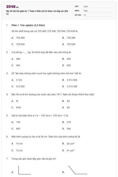 Bộ 20 đề thi giữa kì 1 Toán 4 Kết nối tri thức có đáp án (Đề 2)