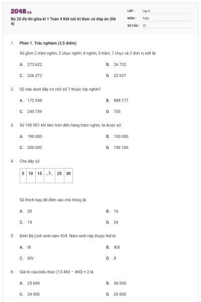 Bộ 20 đề thi giữa kì 1 Toán 4 Kết nối tri thức có đáp án (Đề 4)