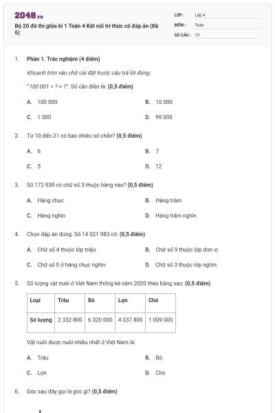 Bộ 20 đề thi giữa kì 1 Toán 4 Kết nối tri thức có đáp án (Đề 6)
