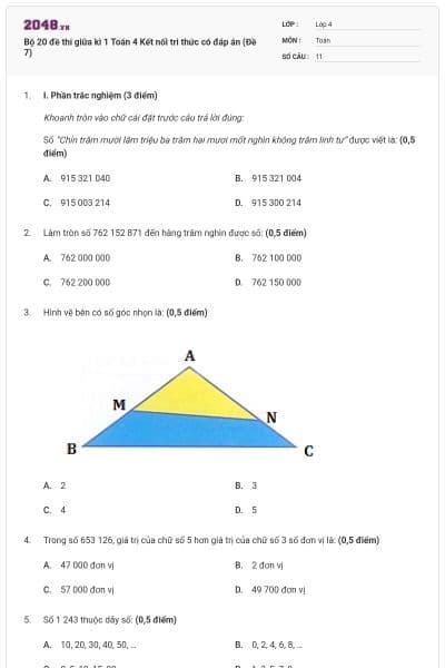 Bộ 20 đề thi giữa kì 1 Toán 4 Kết nối tri thức có đáp án (Đề 7)