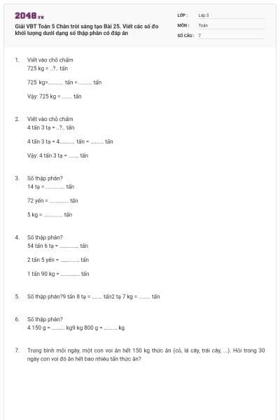 Giải VBT Toán 5 Chân trời sáng tạo Bài 25. Viết các số đo khối lượng dưới dạng số thập phân có đáp án