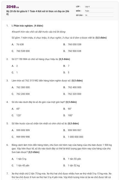Bộ 20 đề thi giữa kì 1 Toán 4 Kết nối tri thức có đáp án (Đề 8)
