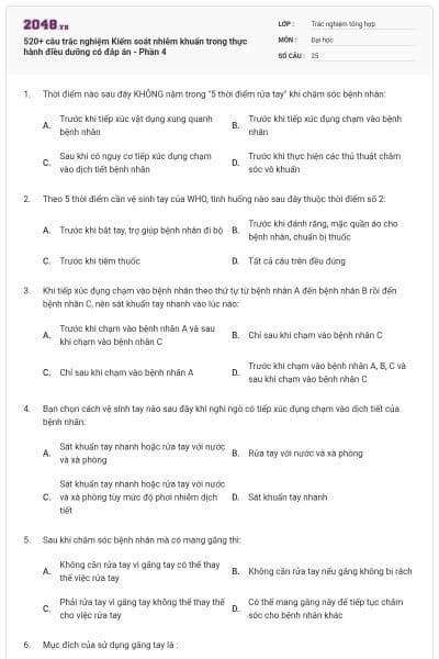 520+ câu trắc nghiệm Kiểm soát nhiễm khuẩn trong thực hành điều dưỡng có đáp án - Phần 4