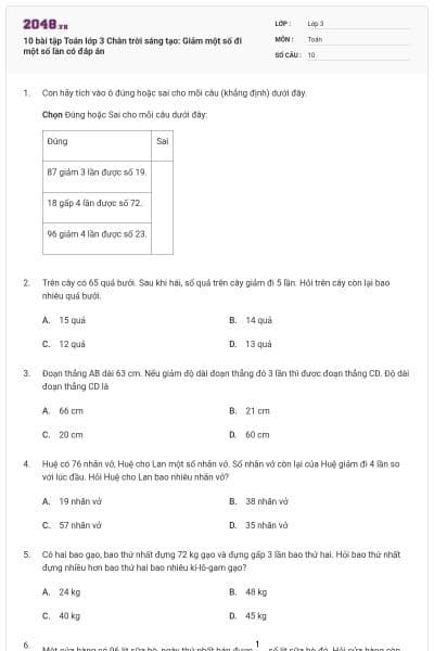 10 bài tập Toán lớp 3 Chân trời sáng tạo: Giảm một số đi một số lần có đáp án