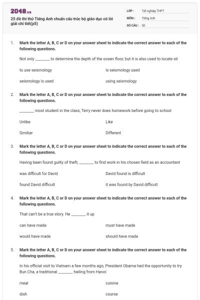 25 đề thi thử Tiếng Anh chuẩn cấu trúc bộ giáo dục có lời giải chi tiết(p5)