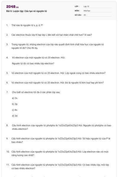 Bài 6: Luyện tập: Cấu tạo vỏ nguyên tử