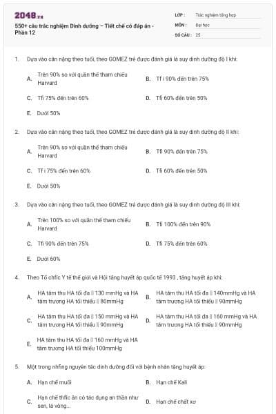 550+ câu trắc nghiệm Dinh dưỡng – Tiết chế có đáp án - Phần 12