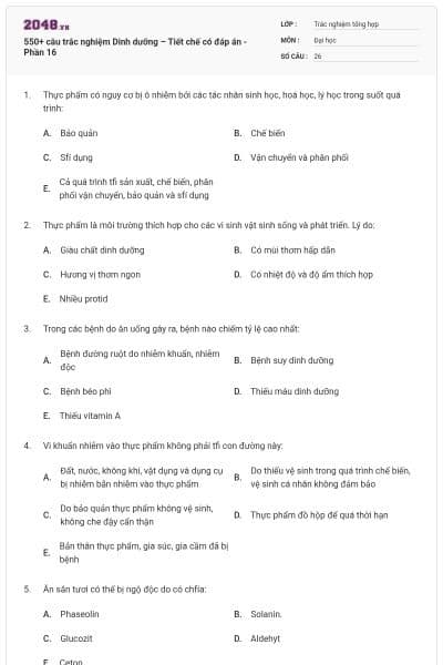 550+ câu trắc nghiệm Dinh dưỡng – Tiết chế có đáp án - Phần 16