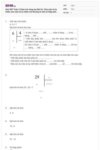 Giải VBT Toán 5 Chân trời sáng tạo Bài 36. Chia một số tự nhiên cho một số tự nhiên mà thương là một số thập phân có đáp án