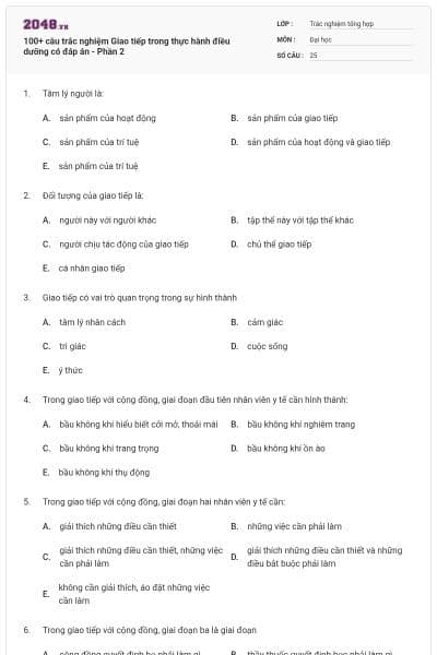 100+ câu trắc nghiệm Giao tiếp trong thực hành điều dưỡng có đáp án - Phần 2