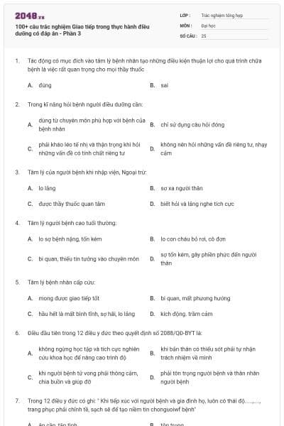 100+ câu trắc nghiệm Giao tiếp trong thực hành điều dưỡng có đáp án - Phần 3