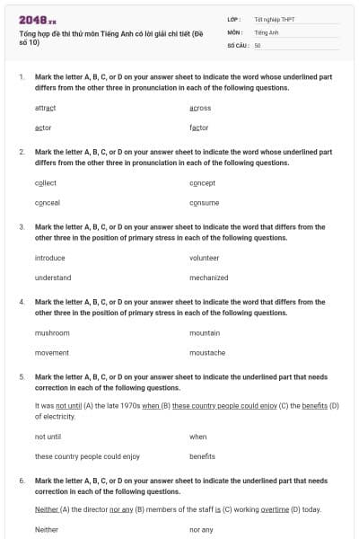 Tổng hợp đề thi thử môn Tiếng Anh có lời giải chi tiết (Đề số 10)