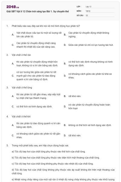 Giải SBT Vật lí 12 Chân trời sáng tạo Bài 1. Sự chuyển thể