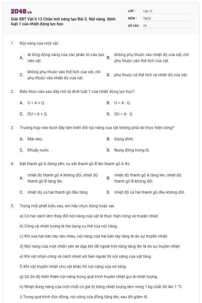 Giải SBT Vật lí 12 Chân trời sáng tạo Bài 3. Nội năng. Định luật 1 của nhiệt động lực học